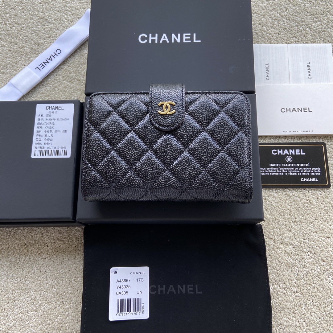 [TOP] CHANEL Wallet Calfskin/Lambskin 15×10×2.5cm - Black & GHW/SHW