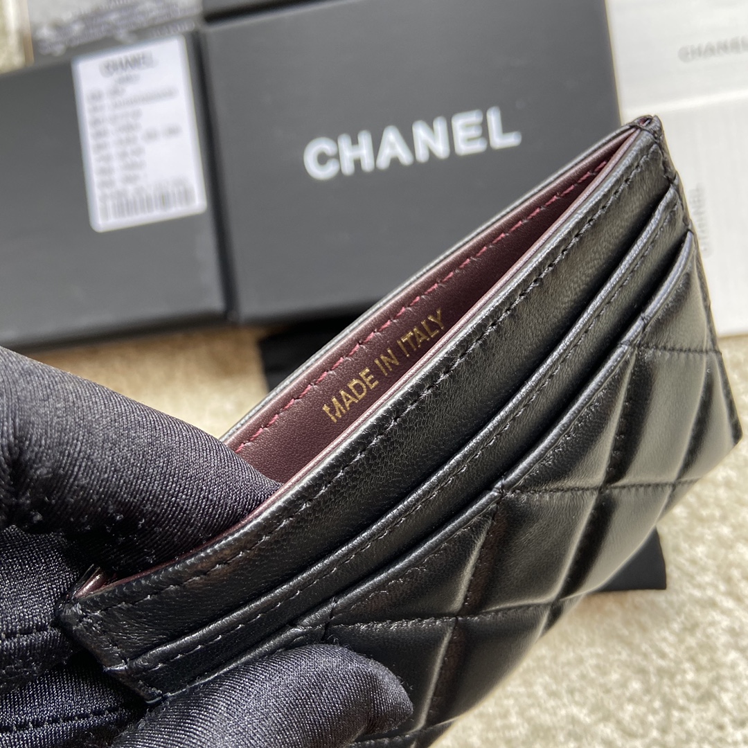 [TOP] CHANEL Cardholder Lambskin 11x7.5cm - Black & GHW/SHW