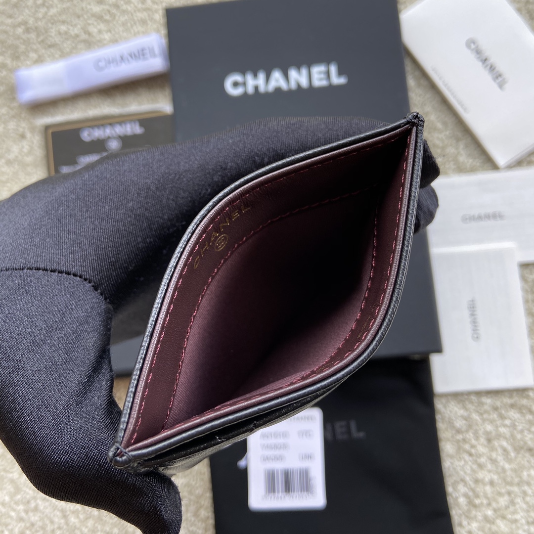 [TOP] CHANEL Cardholder Lambskin 11x7.5cm - Black & GHW/SHW
