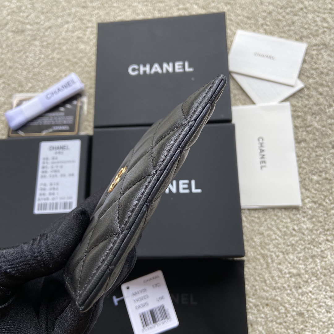 [TOP] CHANEL Cardholder Lambskin 11.5x9cm - Black & GHW/SHW