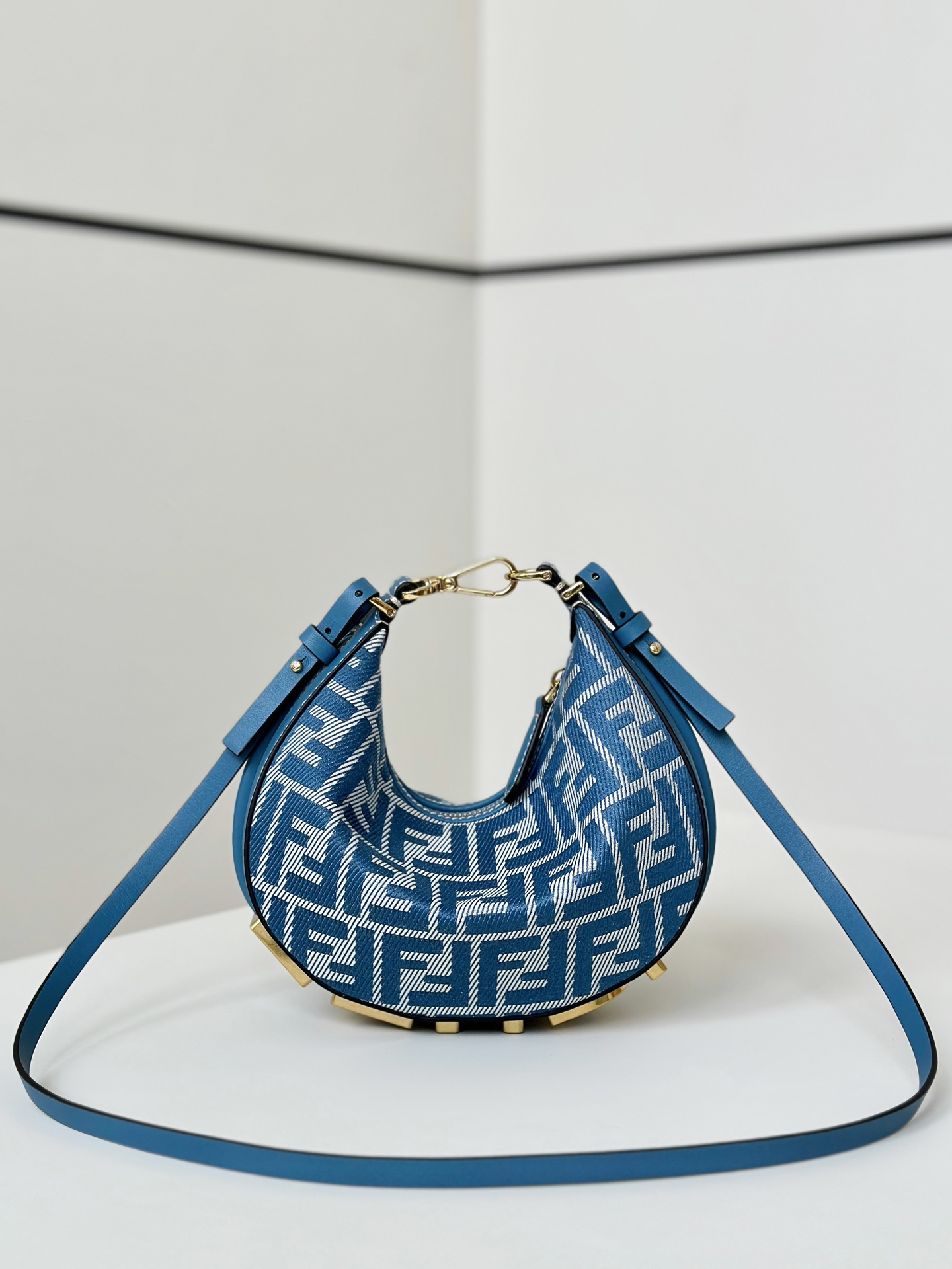[TOP] FENDI Fendigraphy Bags Crescent Moon Bag 20x7x13cm - Denim Blue&GHW