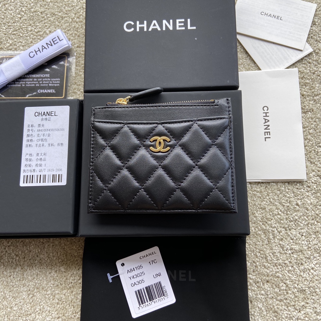 [TOP] CHANEL Cardholder Lambskin 11.5x9cm - Black & GHW/SHW
