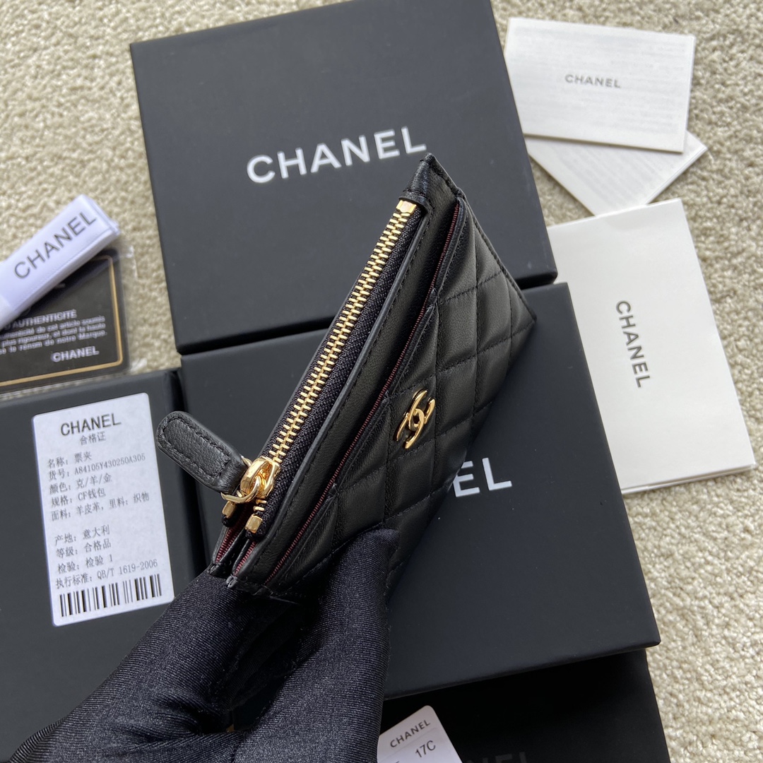 [TOP] CHANEL Cardholder Lambskin 11.5x9cm - Black & GHW/SHW