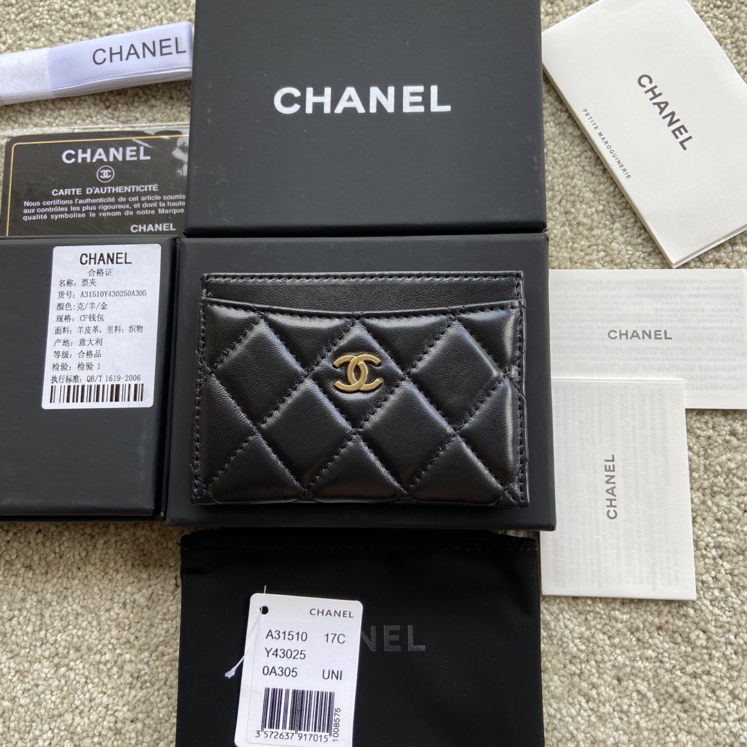 [TOP] CHANEL Cardholder Lambskin 11x7.5cm - Black & GHW/SHW