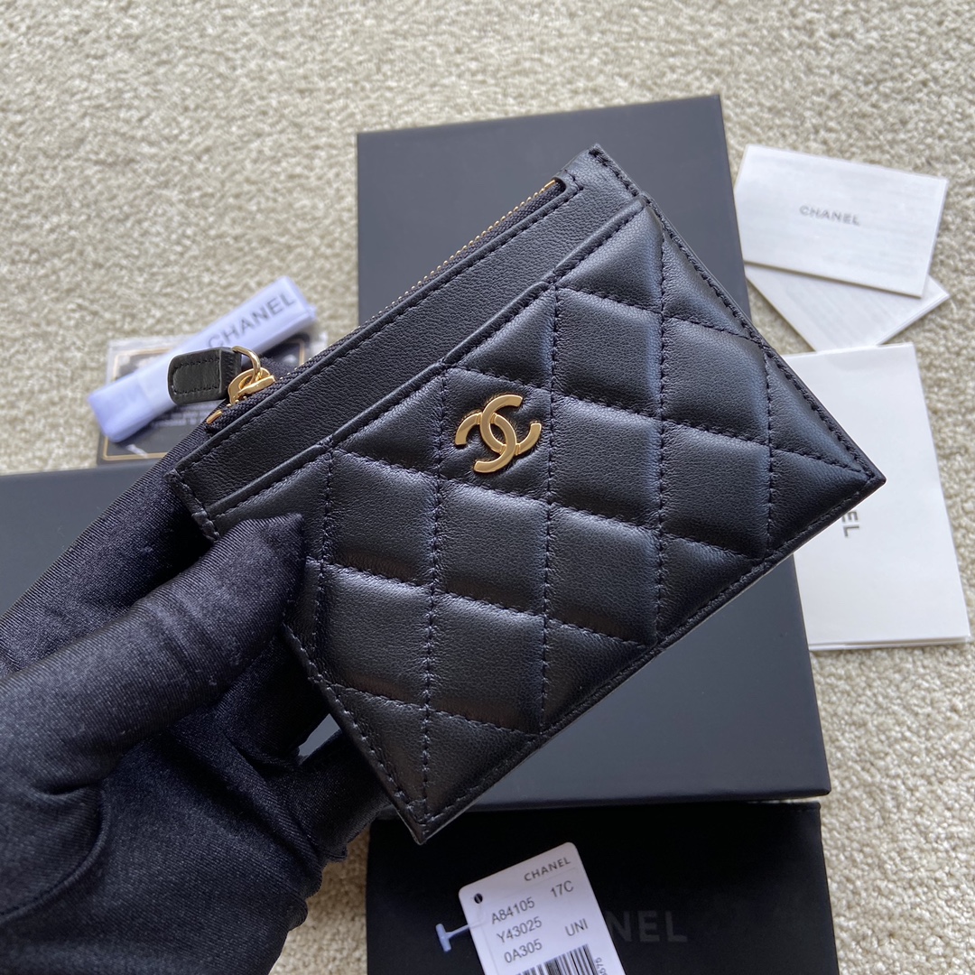 [TOP] CHANEL Cardholder Lambskin 11.5x9cm - Black & GHW/SHW