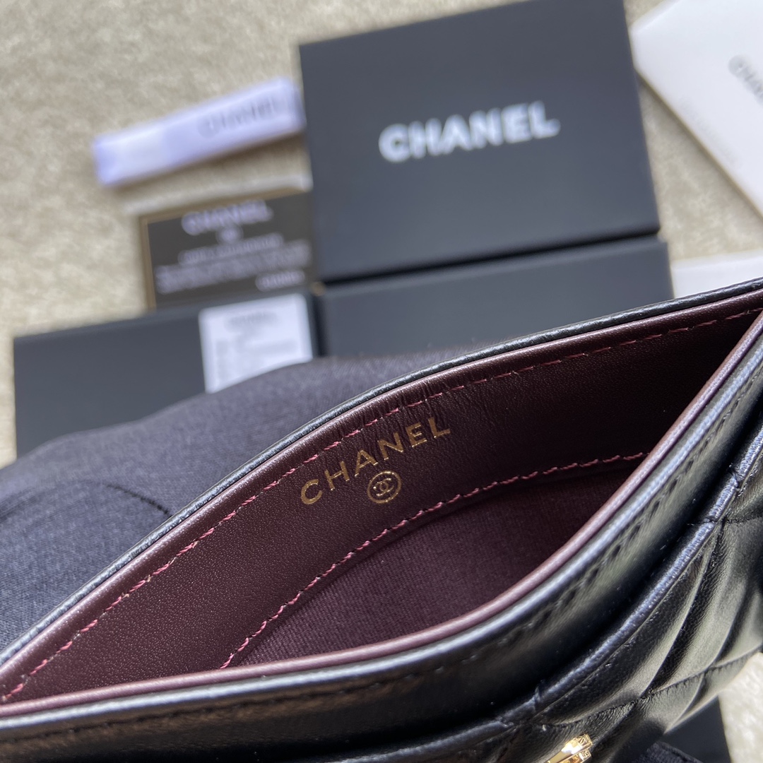 [TOP] CHANEL Cardholder Lambskin 11x7.5cm - Black & GHW/SHW