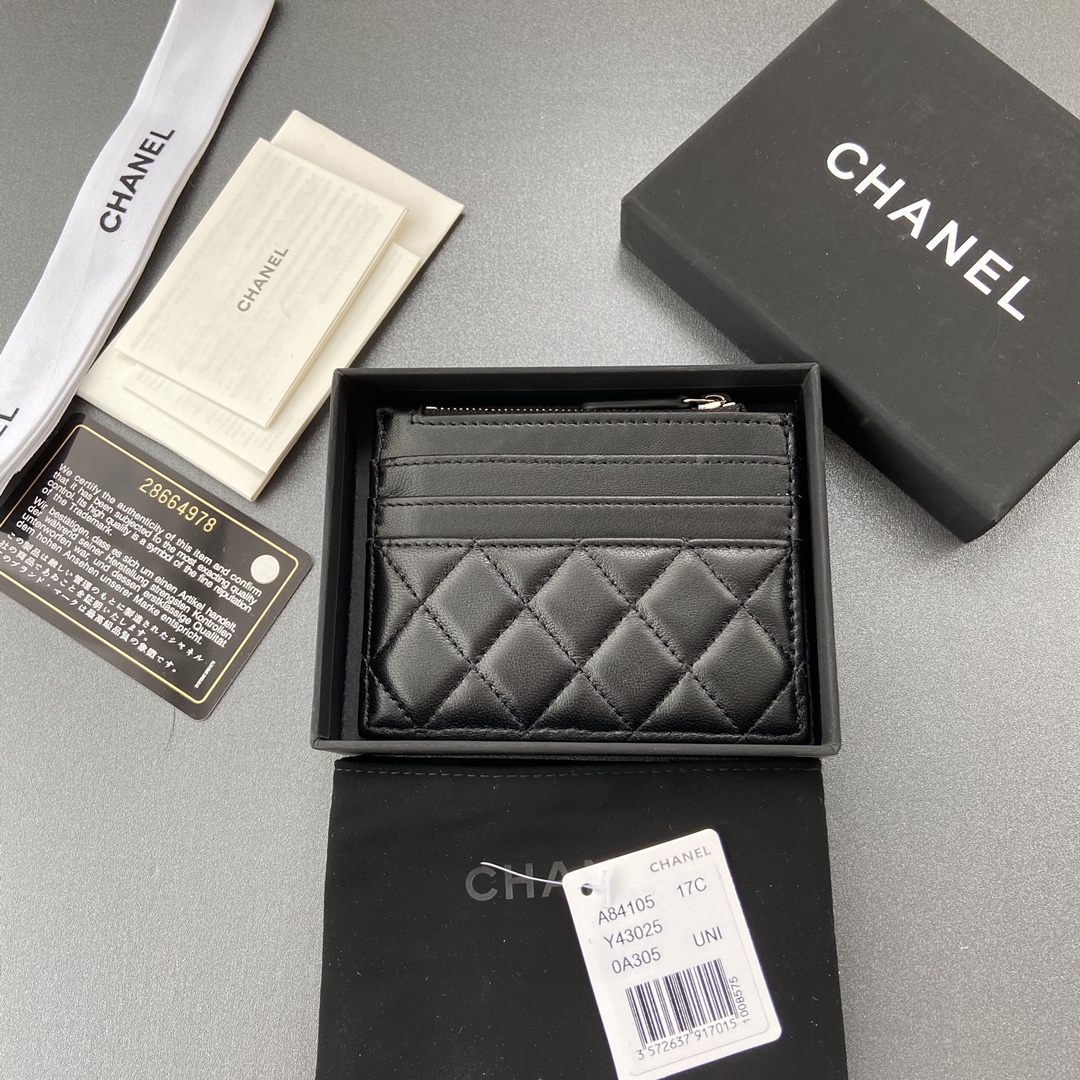 [TOP] CHANEL Cardholder Lambskin 11.5x9cm - Black & GHW/SHW