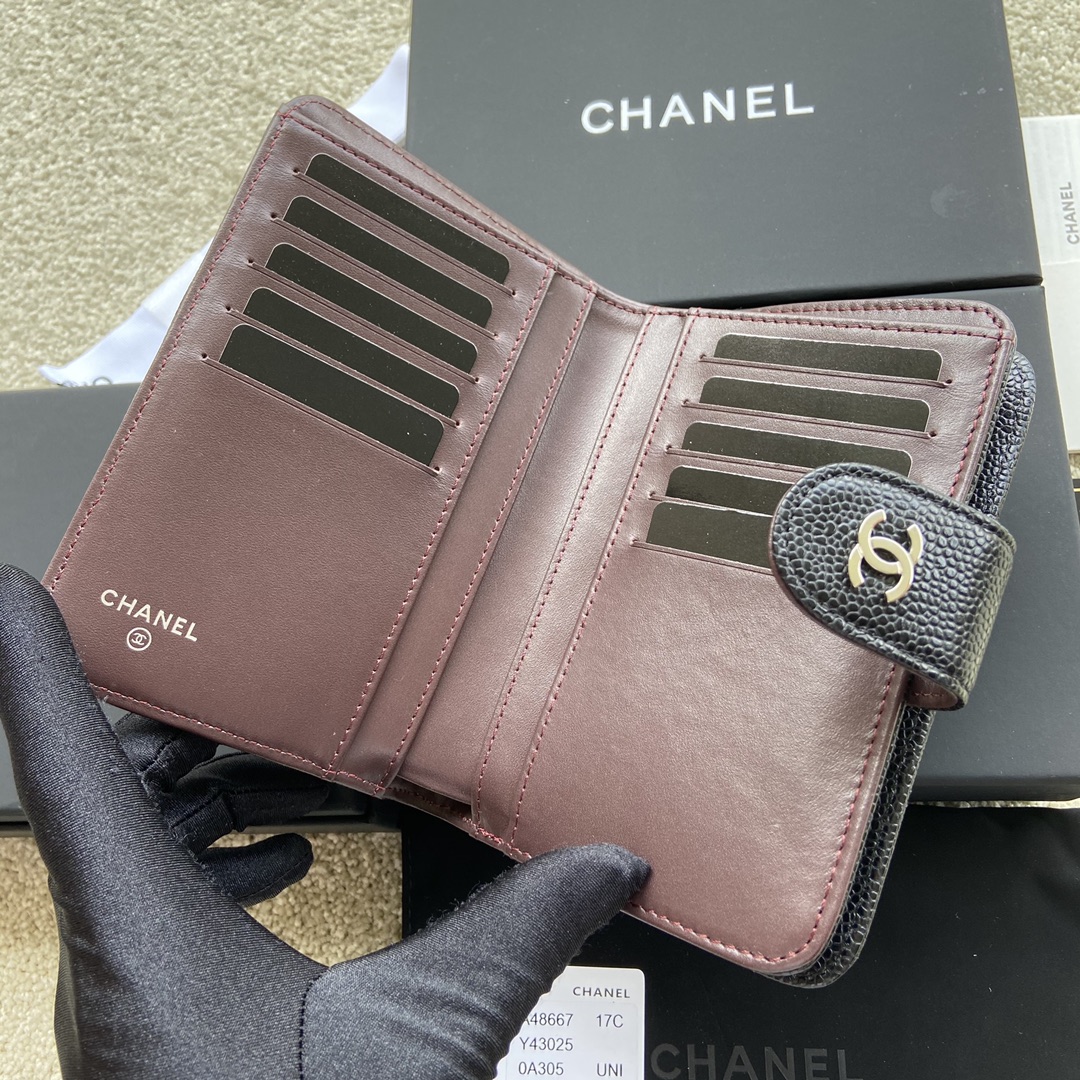 [TOP] CHANEL Wallet Calfskin/Lambskin 15×10×2.5cm - Black & GHW/SHW