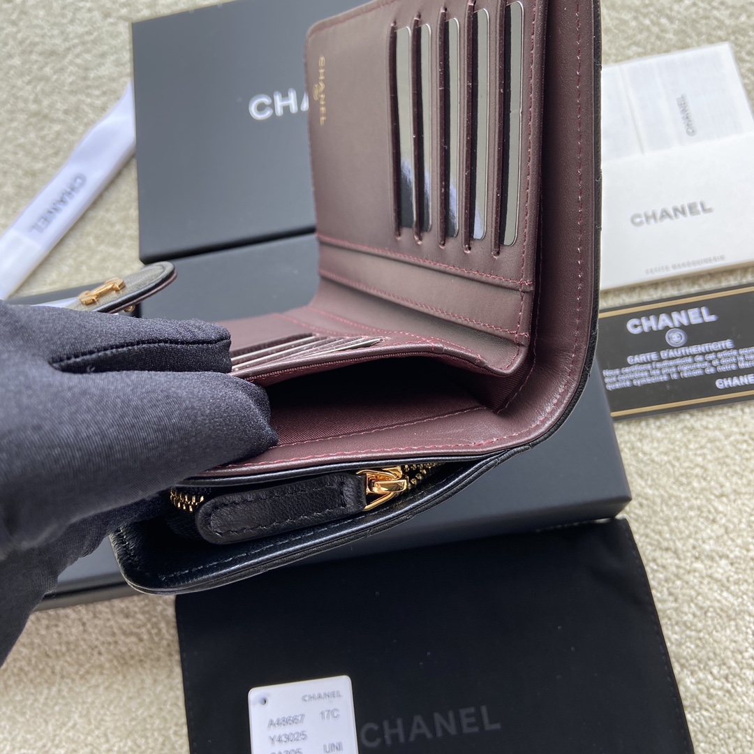 [TOP] CHANEL Wallet Calfskin/Lambskin 15×10×2.5cm - Black & GHW/SHW