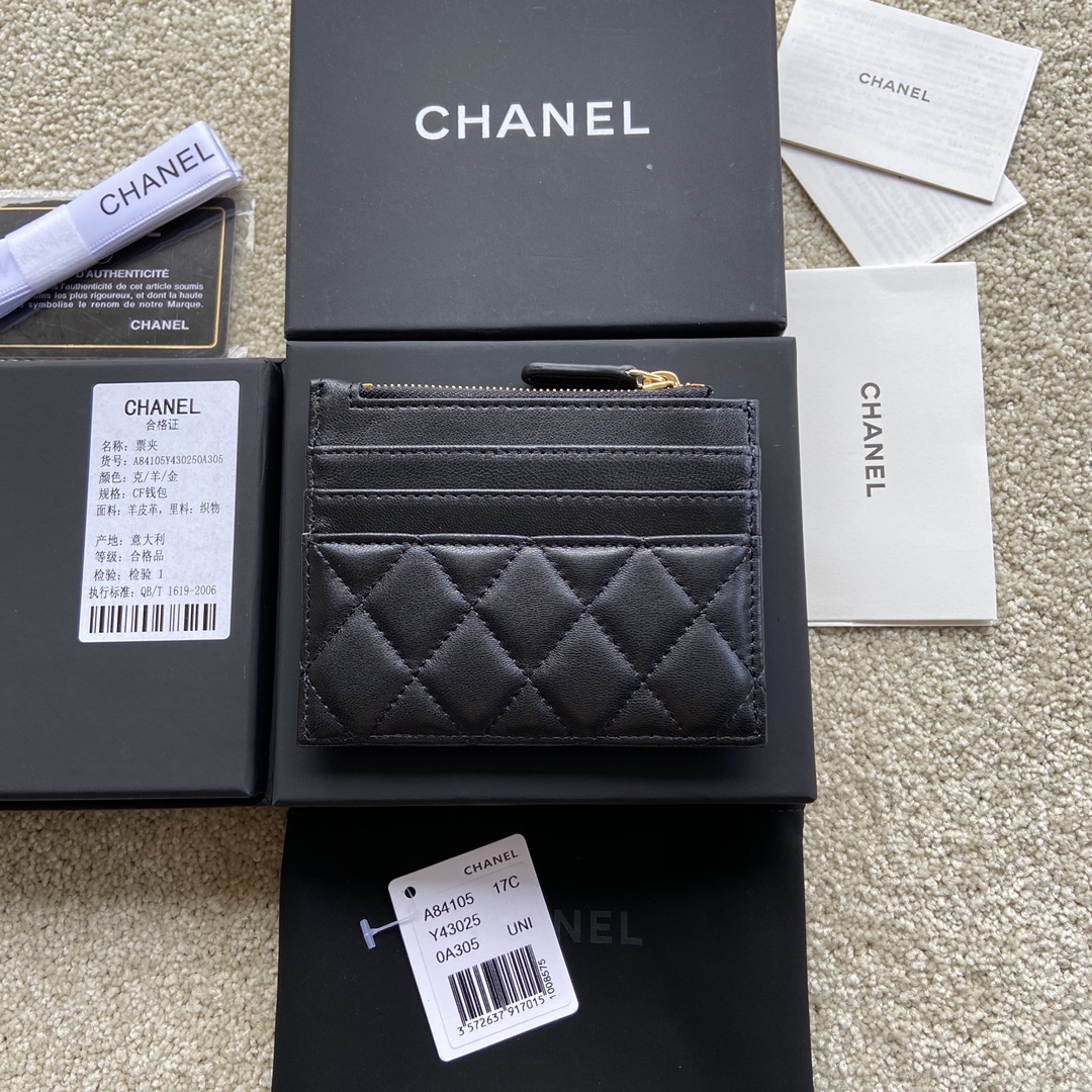 [TOP] CHANEL Cardholder Lambskin 11.5x9cm - Black & GHW/SHW