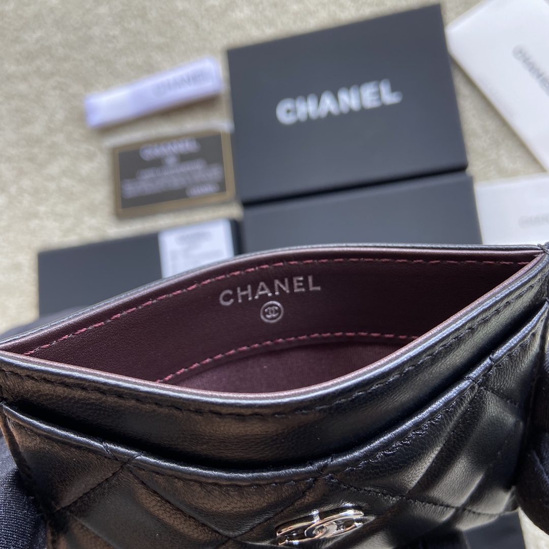 [TOP] CHANEL Cardholder Lambskin 11x7.5cm - Black & GHW/SHW