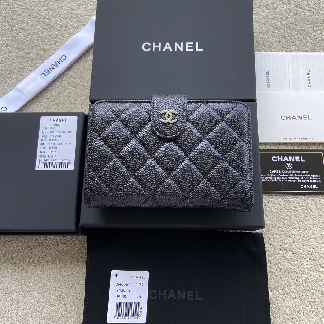 [TOP] CHANEL Wallet Calfskin/Lambskin 15×10×2.5cm - Black & GHW/SHW