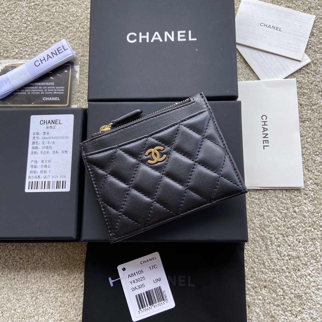 [TOP] CHANEL Cardholder Lambskin 11.5x9cm - Black & GHW/SHW