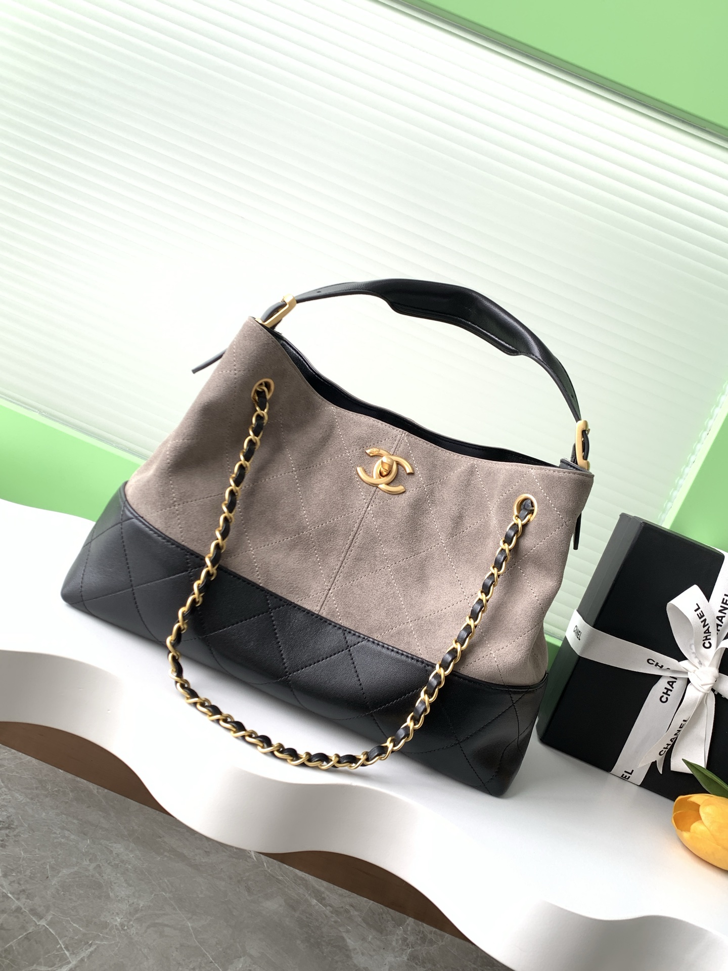 [TOP] CHANEL Suede Bag 36-24-12 cm - Grey and Black