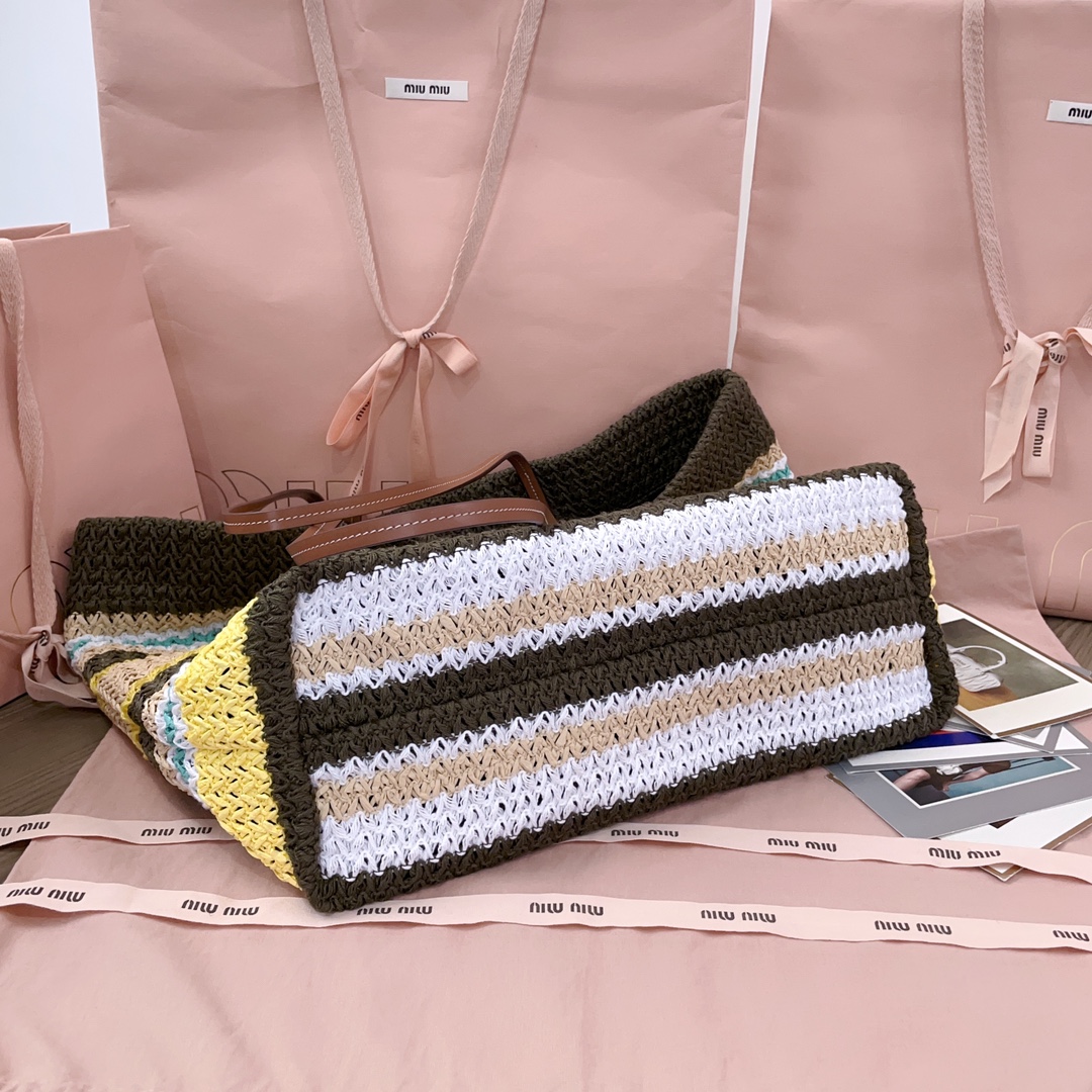 [TOP] Miu Miu Raffia Straw  Tote Bag 40 X 34 X 16 CM - Brown and Blue and White