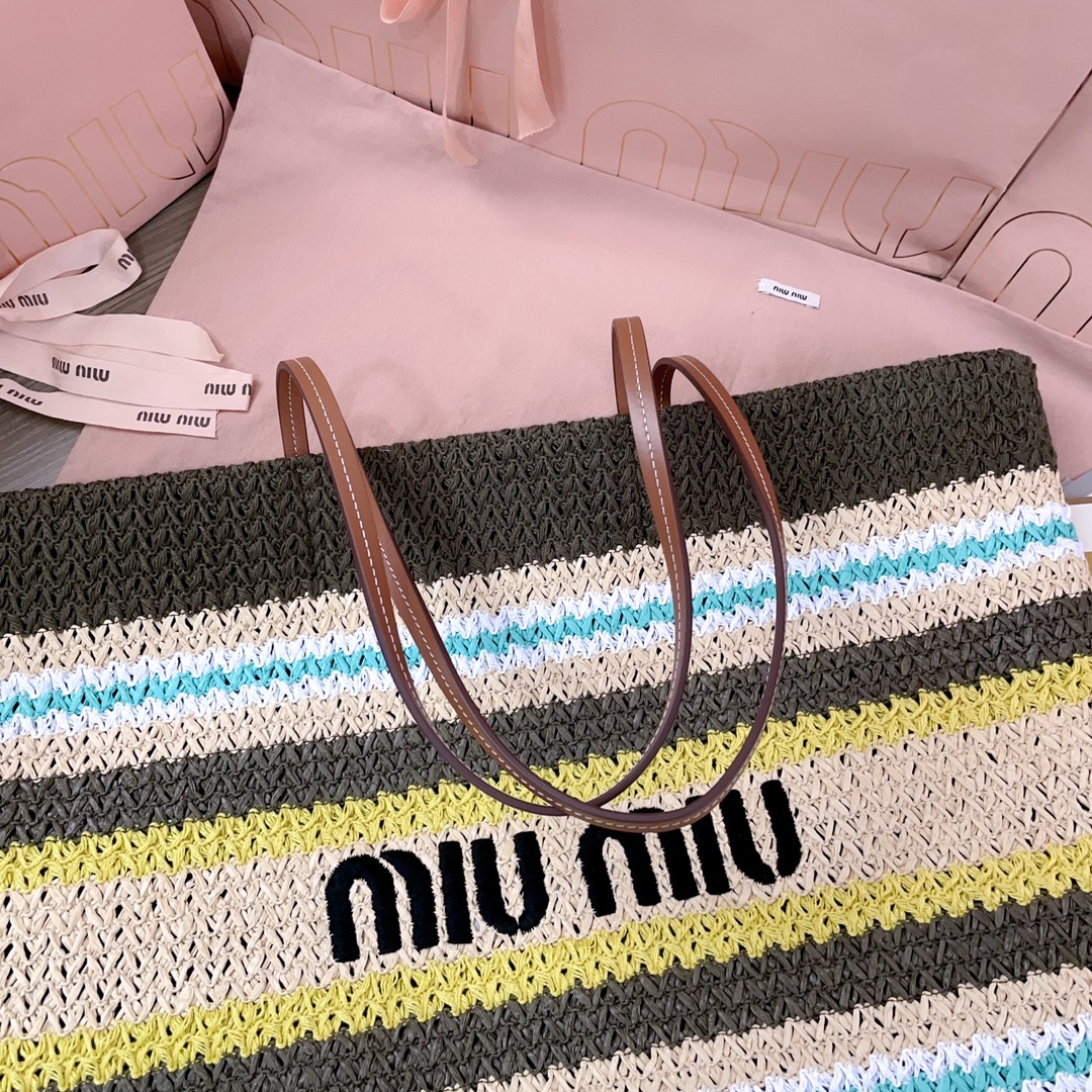 [TOP] Miu Miu Raffia Straw  Tote Bag 40 X 34 X 16 CM - Brown and Blue and White