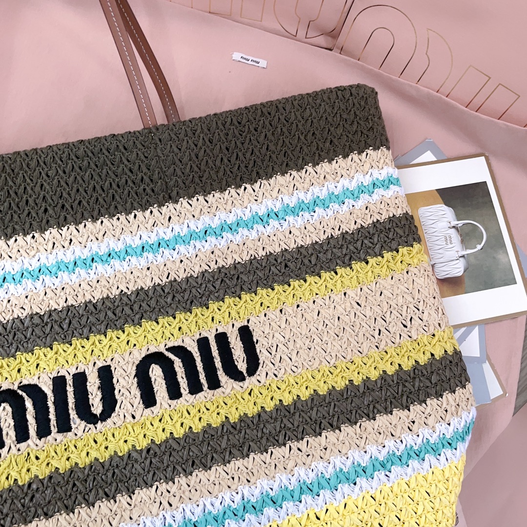 [TOP] Miu Miu Raffia Straw  Tote Bag 40 X 34 X 16 CM - Brown and Blue and White