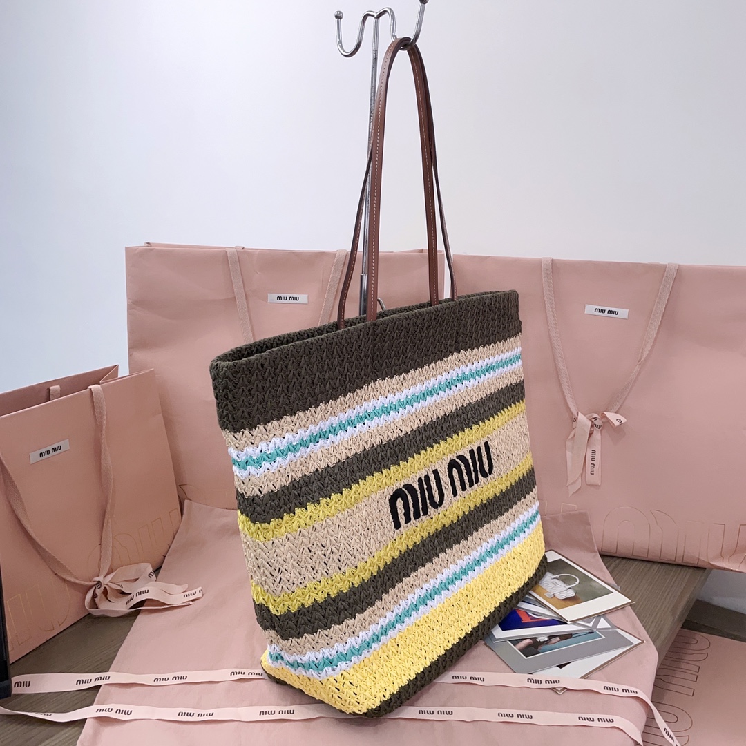 [TOP] Miu Miu Raffia Straw  Tote Bag 40 X 34 X 16 CM - Brown and Blue and White