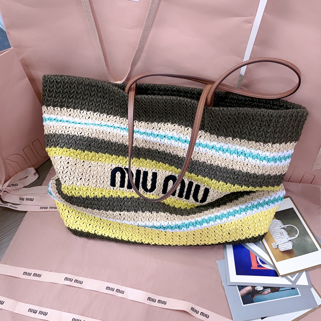 [TOP] Miu Miu Raffia Straw  Tote Bag 40 X 34 X 16 CM - Brown and Blue and White