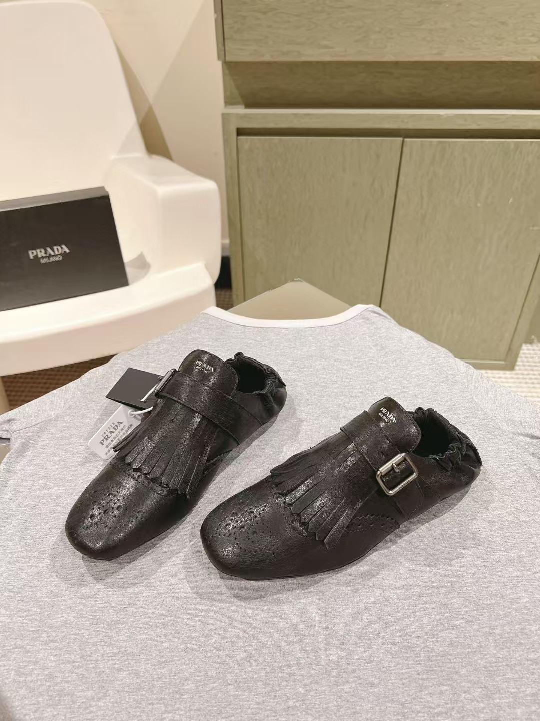 [TOP] PRADA Calf Leather Fringed Monk-Strap Shoes - Black