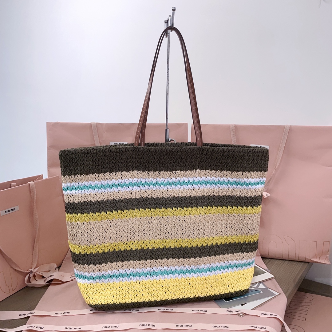 [TOP] Miu Miu Raffia Straw  Tote Bag 40 X 34 X 16 CM - Brown and Blue and White