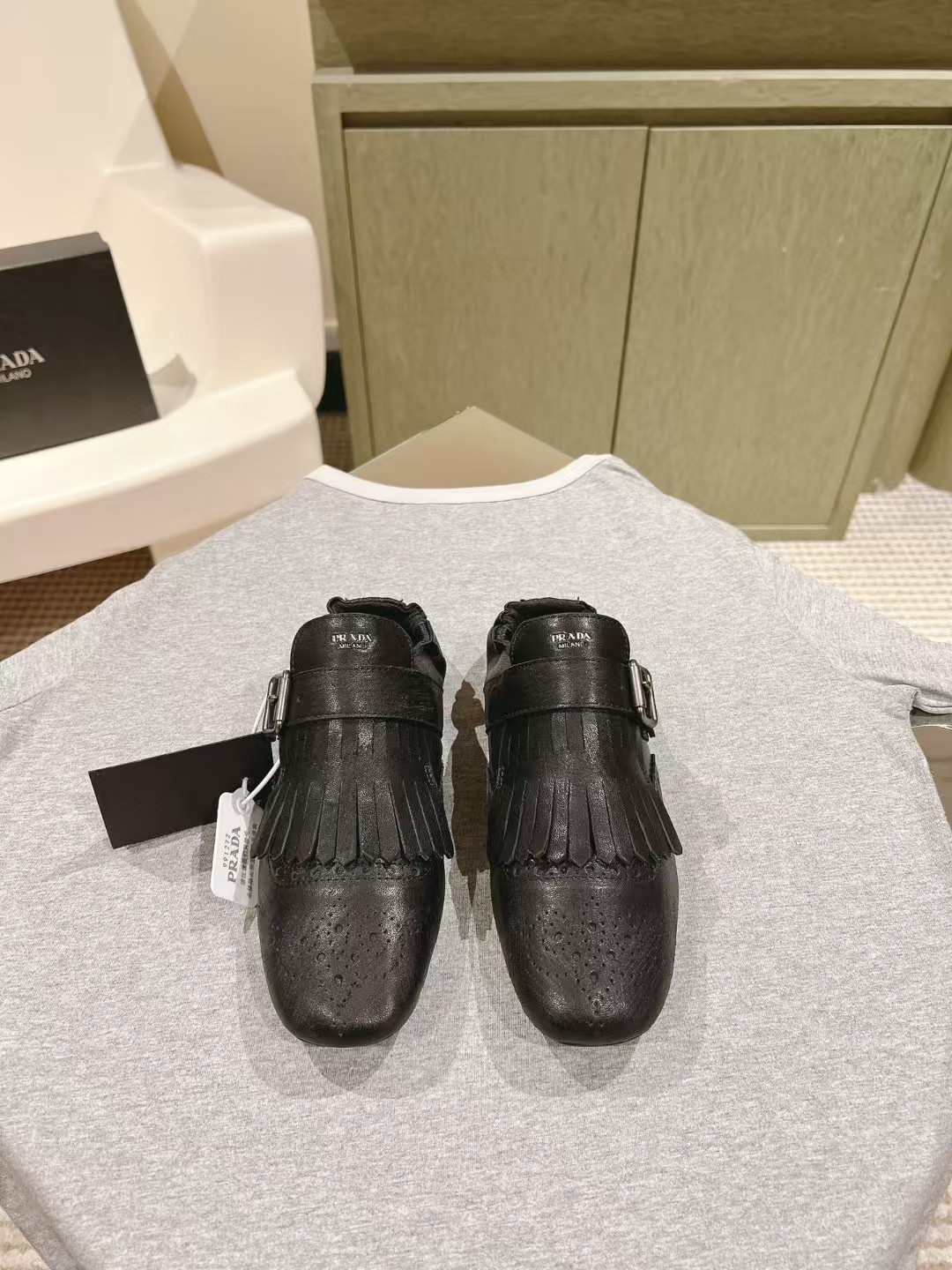 [TOP] PRADA Calf Leather Fringed Monk-Strap Shoes - Black