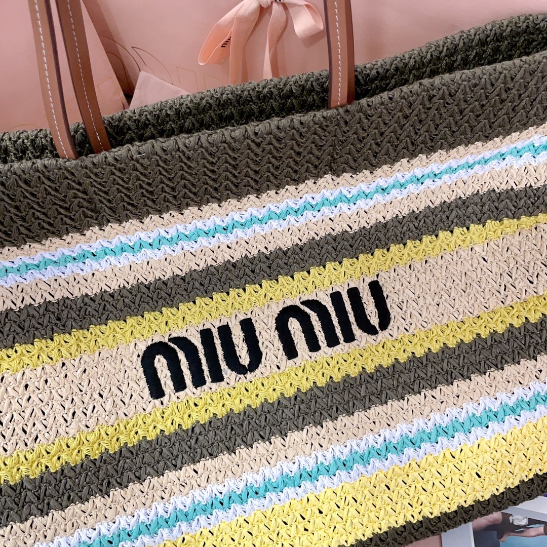 [TOP] Miu Miu Raffia Straw  Tote Bag 40 X 34 X 16 CM - Brown and Blue and White