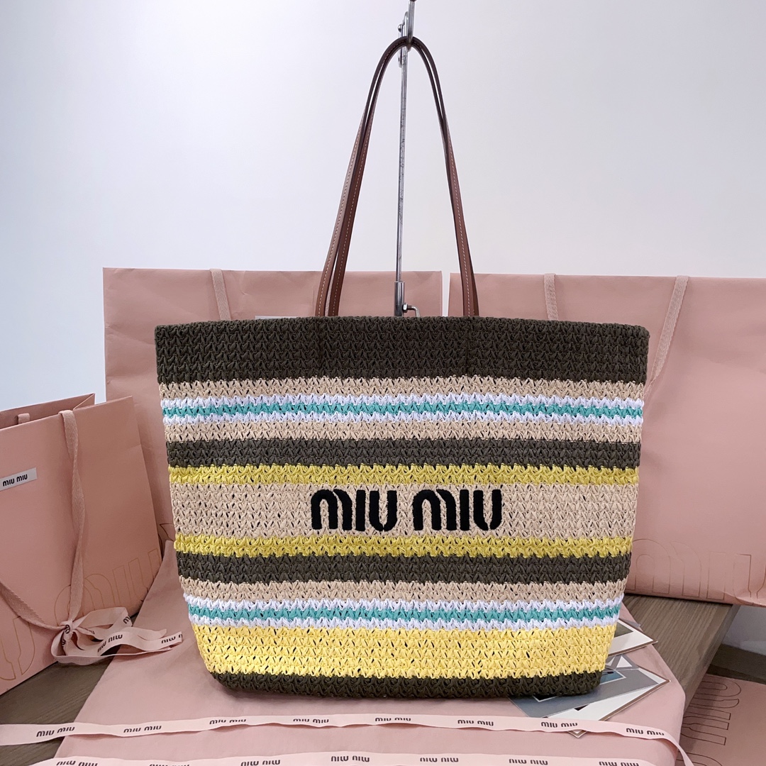 [TOP] Miu Miu Raffia Straw  Tote Bag 40 X 34 X 16 CM - Brown and Blue and White