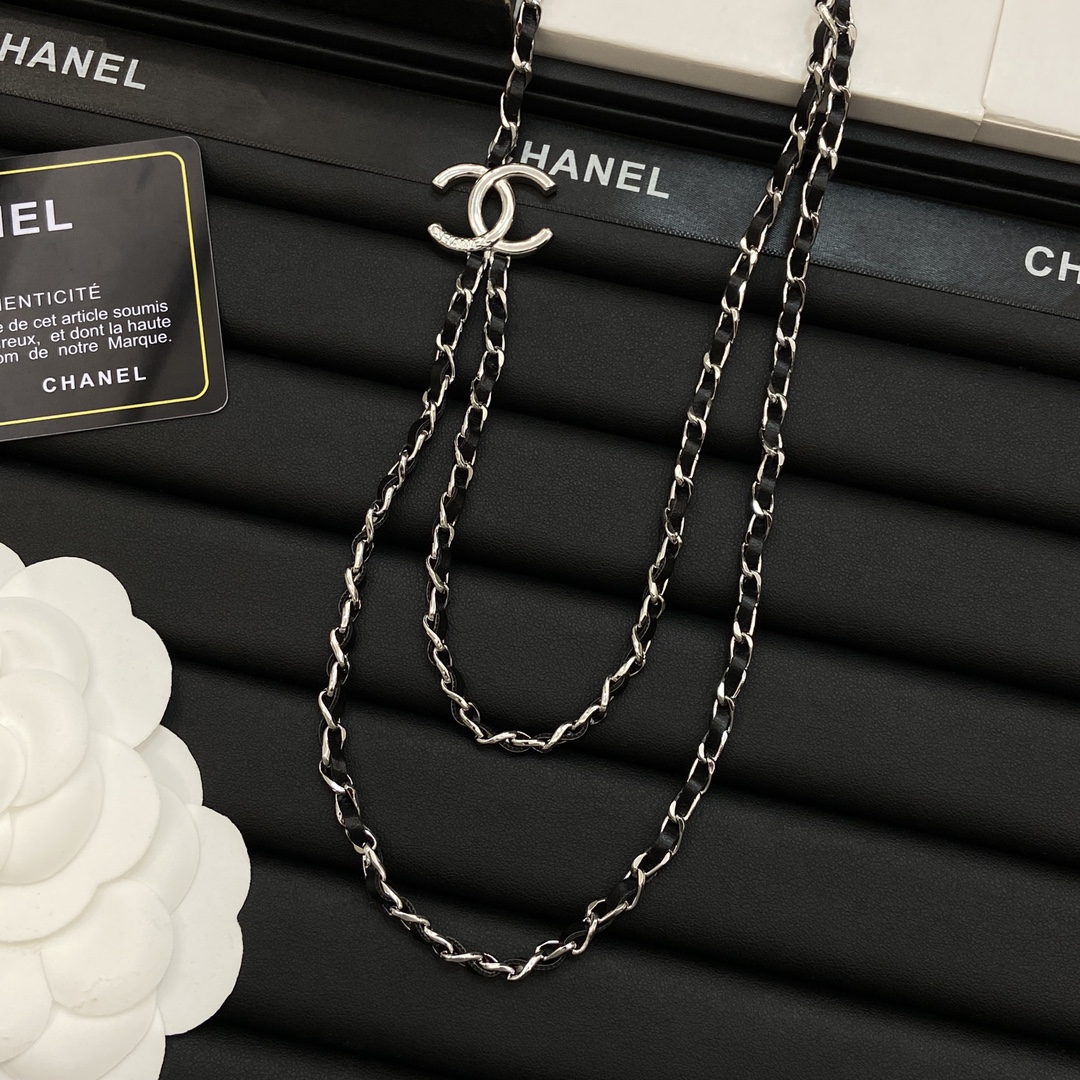 [TOP] CHANEL CC Necklace - Silver/Black