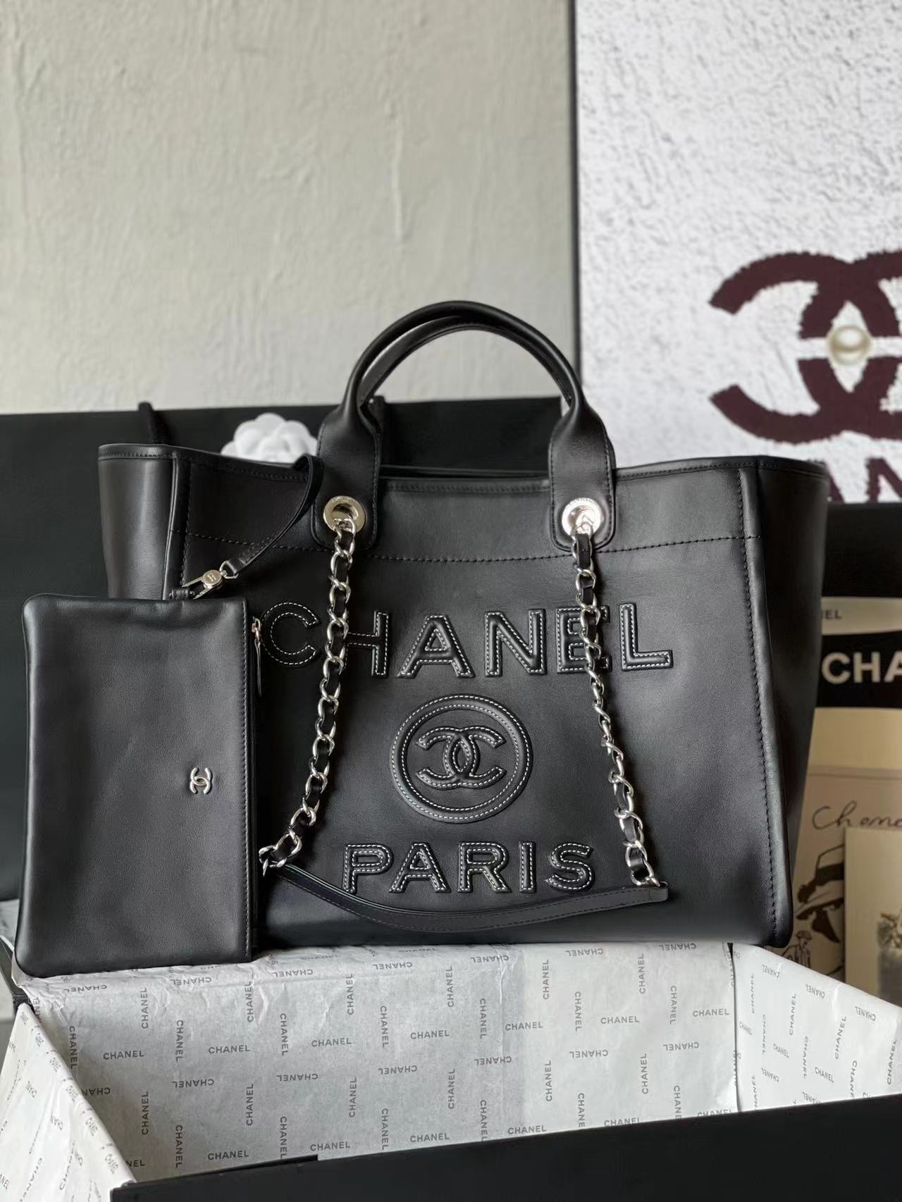 [TOP] CHANEL Cowhide Deauville Tote Shopping Bag 34 cm  - Black