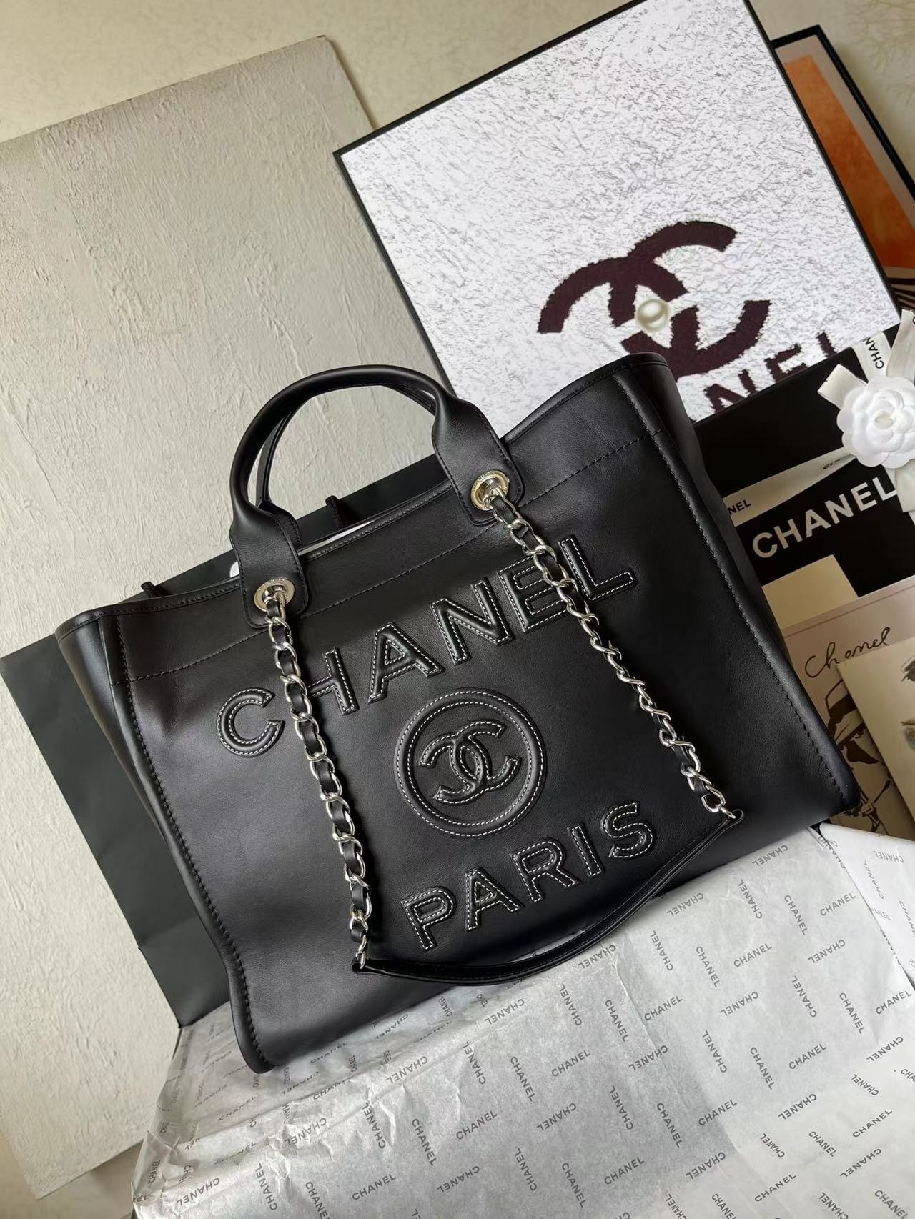 [TOP] CHANEL Cowhide Deauville Tote Shopping Bag 34 cm  - Black