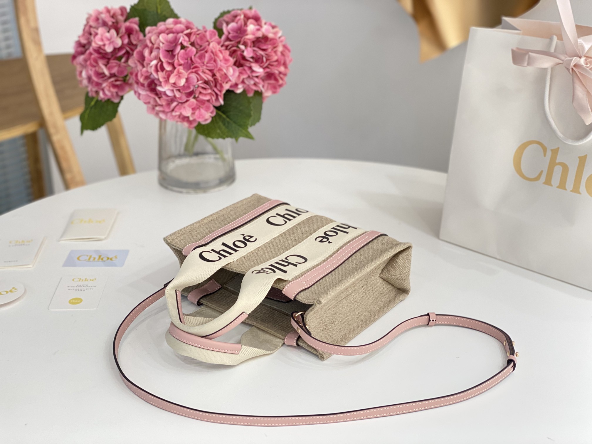 [TOP] Chloe Woody Tote Bag 26.5*20*8cm- Beige*Pink