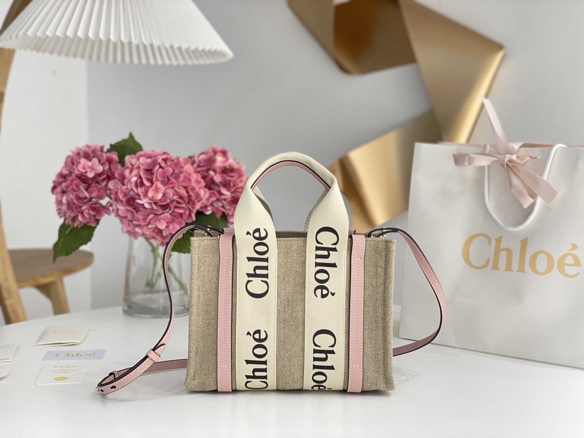 [TOP] Chloe Woody Tote Bag 26.5*20*8cm- Beige*Pink