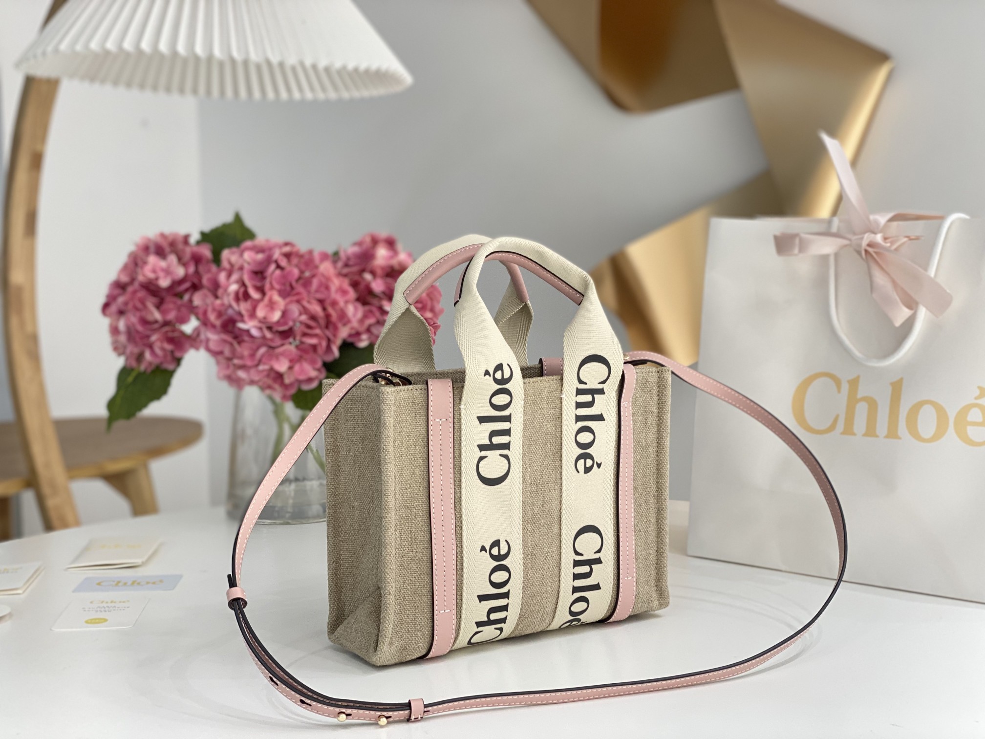 [TOP] Chloe Woody Tote Bag 26.5*20*8cm- Beige*Pink