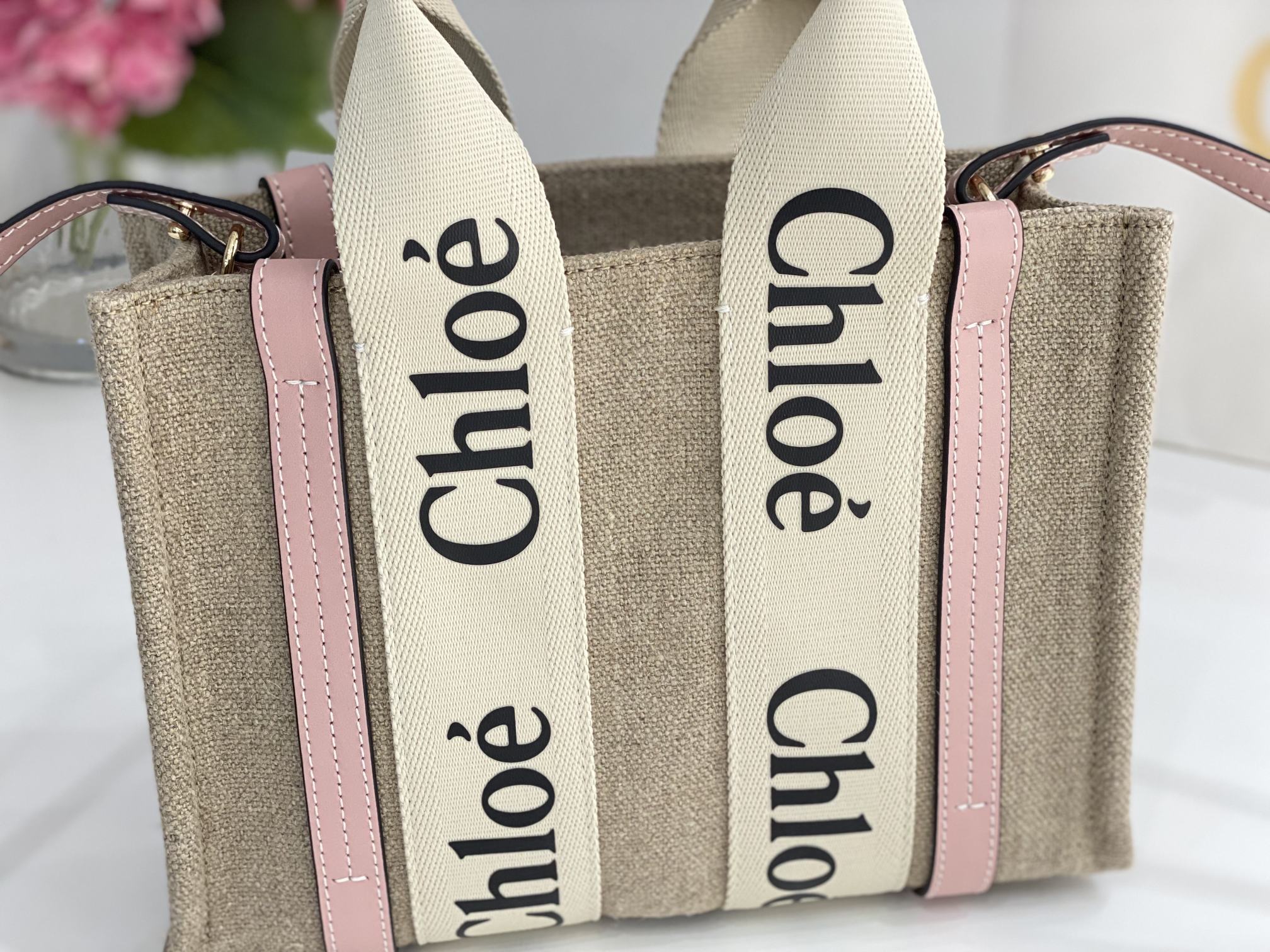 [TOP] Chloe Woody Tote Bag 26.5*20*8cm- Beige*Pink