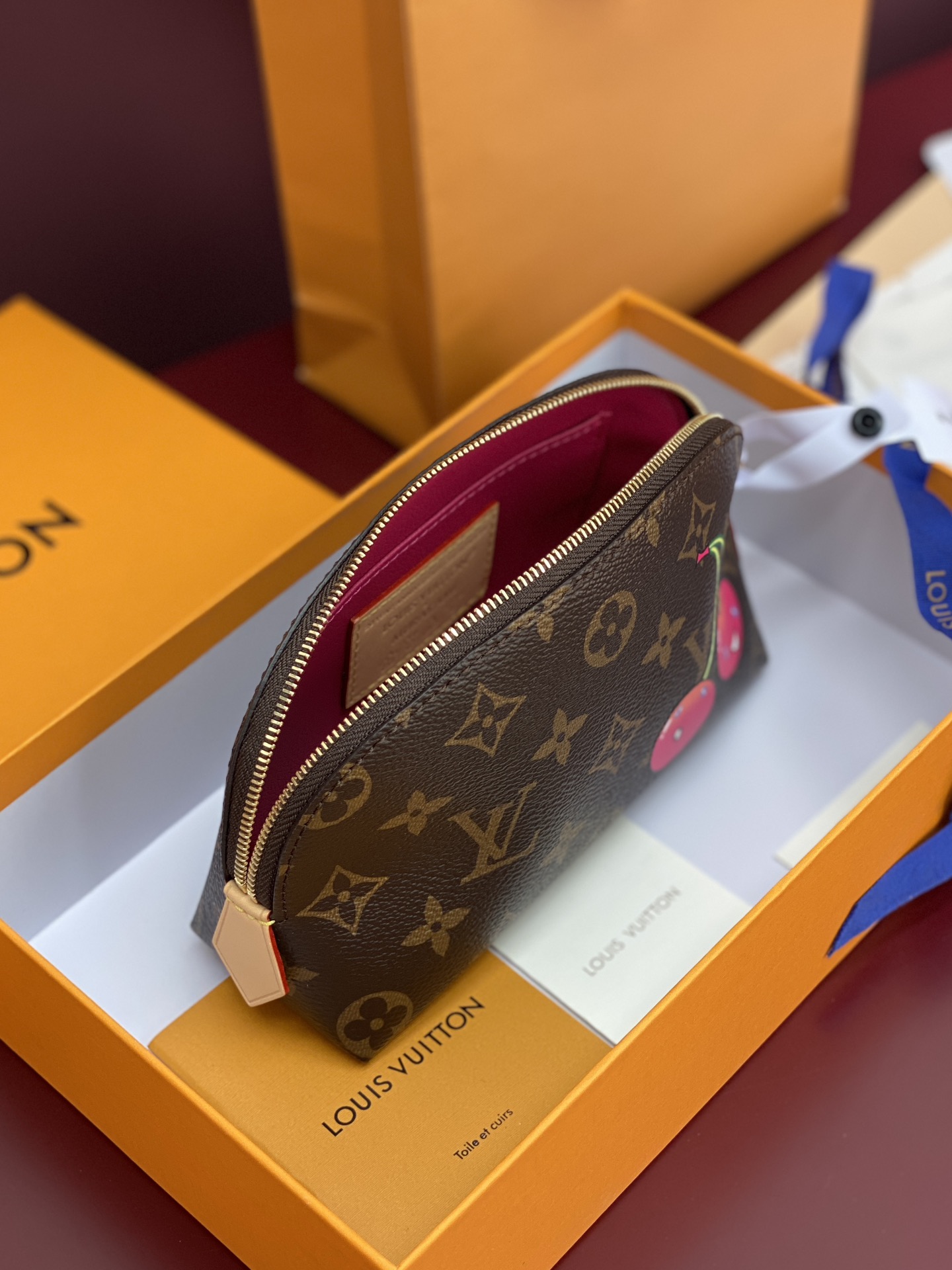 [TOP] Louis Vuitton LV Cosmetic Bag Monogram with Cherry Pattern 12x6x19cm  - Brown