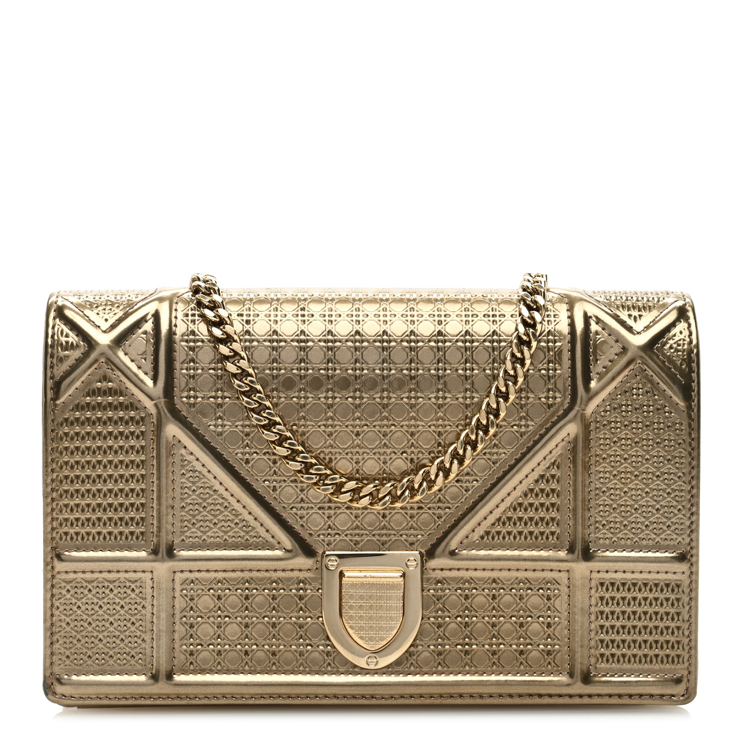 [TOP] Christian Dior Metallic Patent Micro-Cannage Diorama Wallet on Chain Bag 19cm - Gold