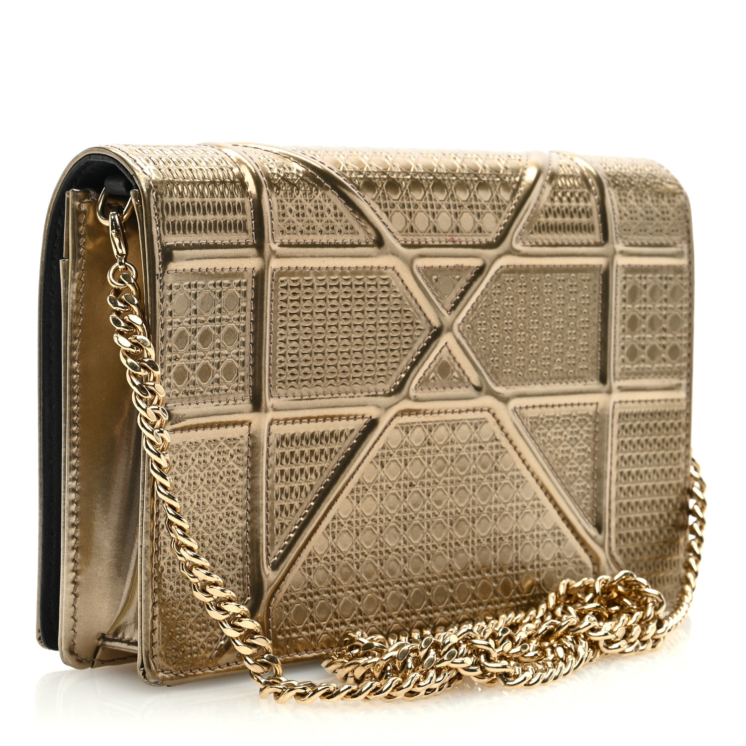 [TOP] Christian Dior Metallic Patent Micro-Cannage Diorama Wallet on Chain Bag 19cm - Gold