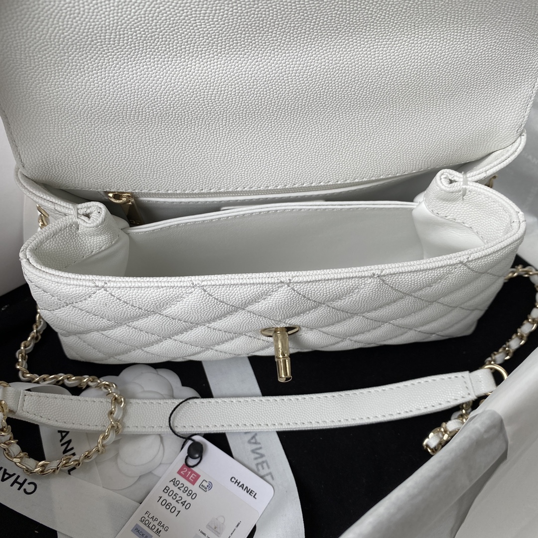 [TOP] CHANEL CoCo Handle Bag Carviar Medium 23cm - White & GHW