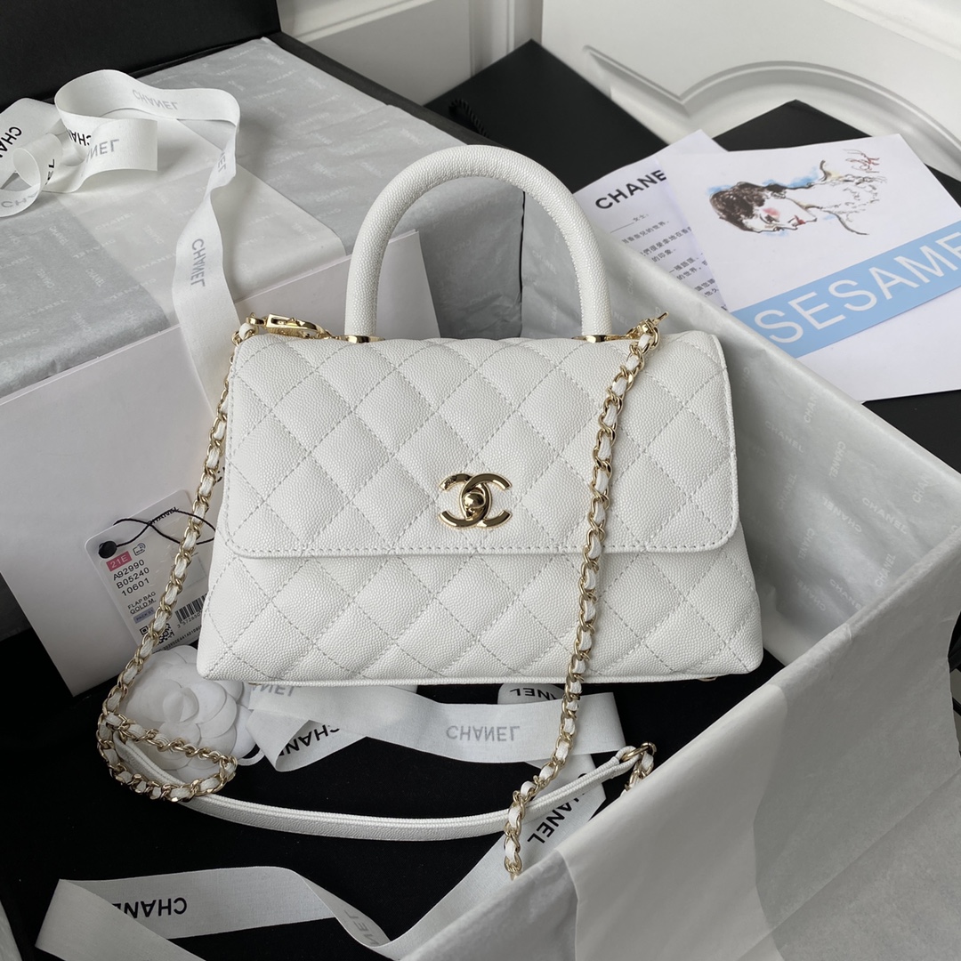 [TOP] CHANEL CoCo Handle Bag Carviar Medium 23cm - White & GHW