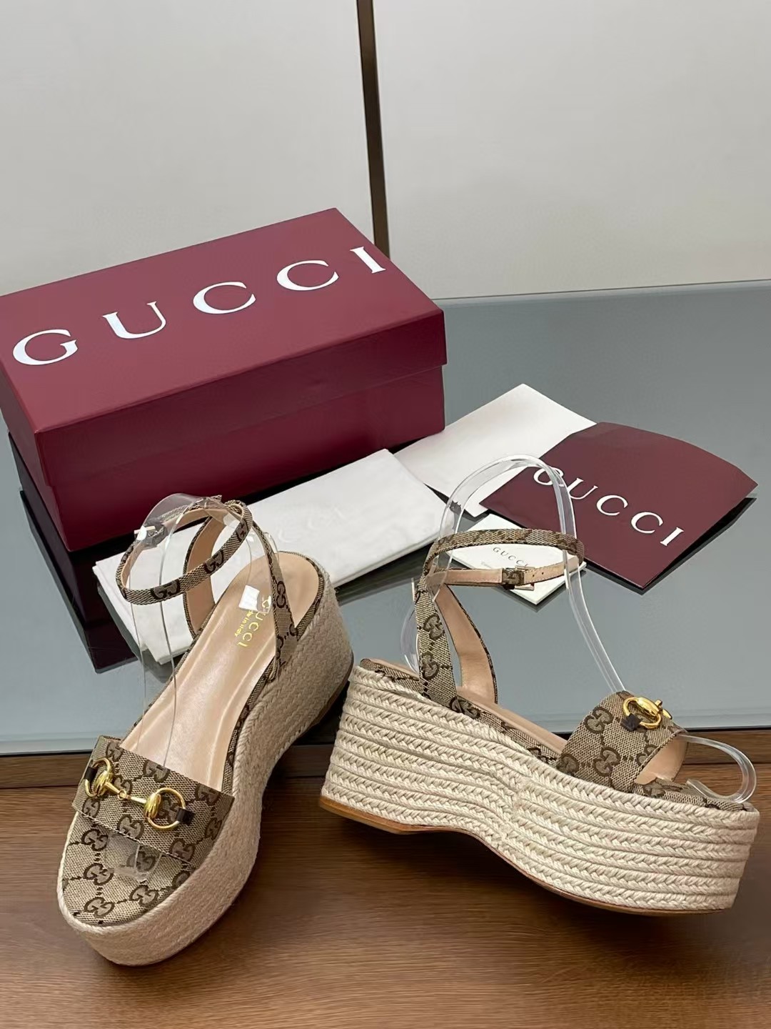 [TOP] GUCCI Classic Monogram Thick Sole Sandals - Khaki