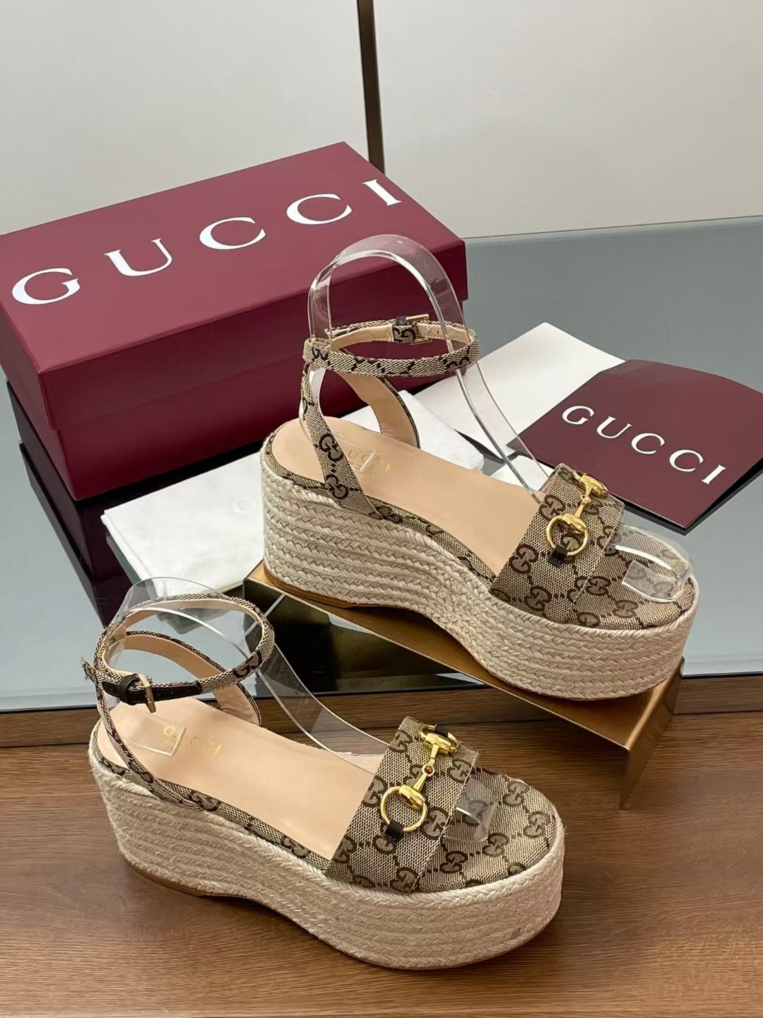 [TOP] GUCCI Classic Monogram Thick Sole Sandals - Khaki