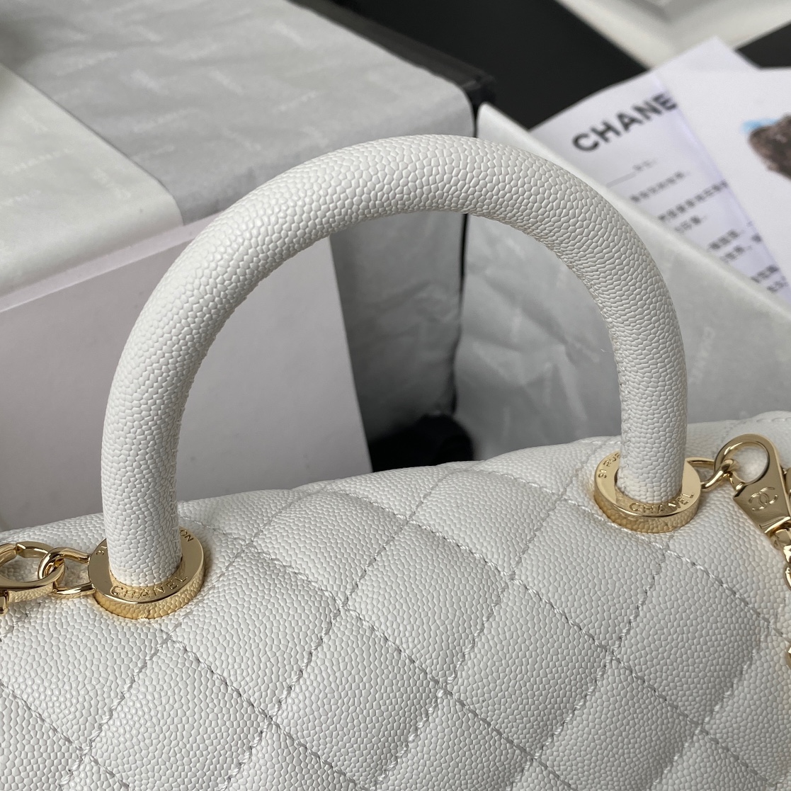 [TOP] CHANEL CoCo Handle Bag Carviar Medium 23cm - White & GHW