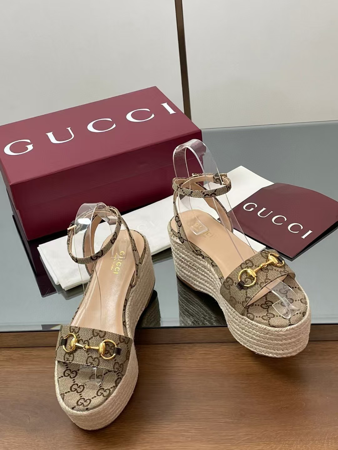 [TOP] GUCCI Classic Monogram Thick Sole Sandals - Khaki