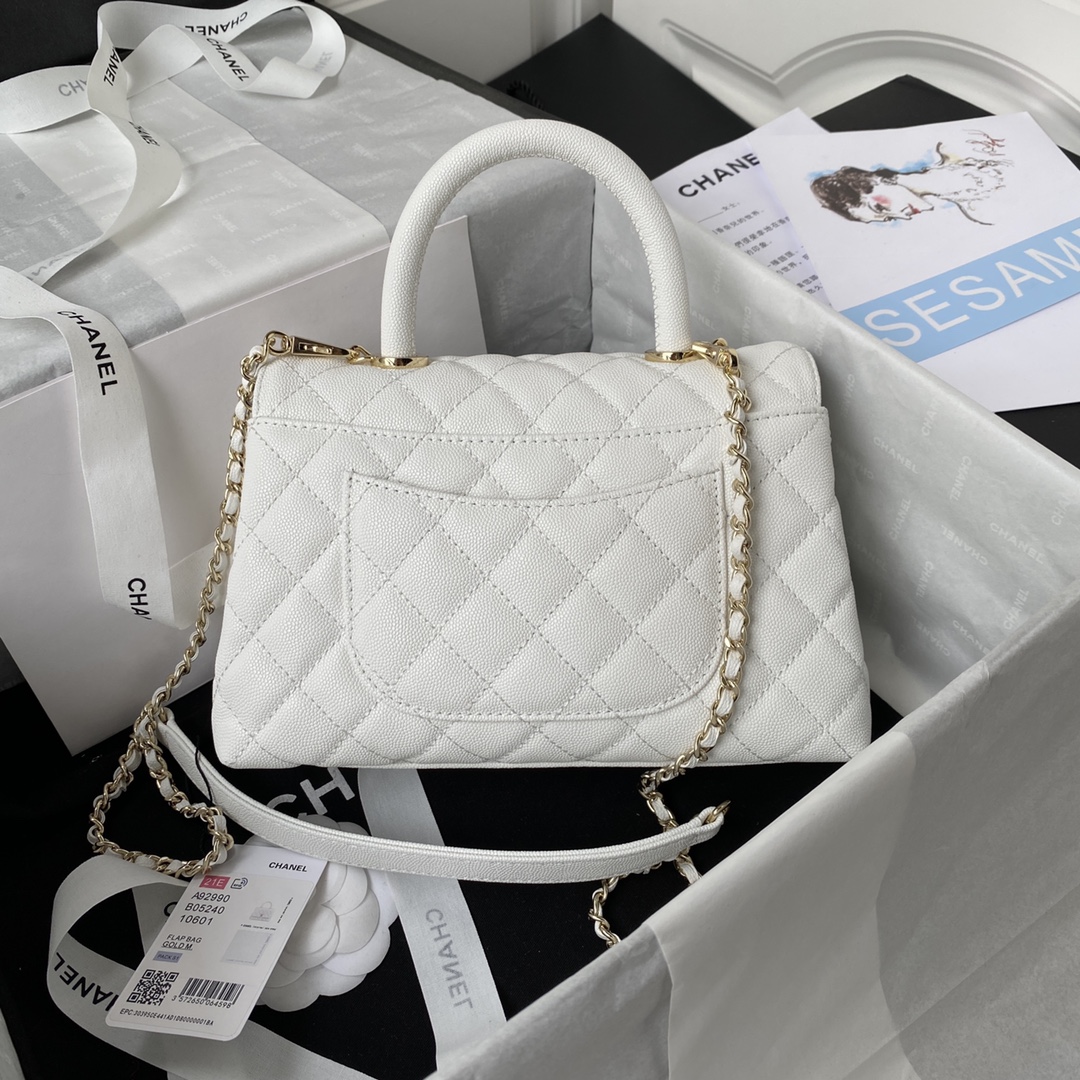 [TOP] CHANEL CoCo Handle Bag Carviar Medium 23cm - White & GHW
