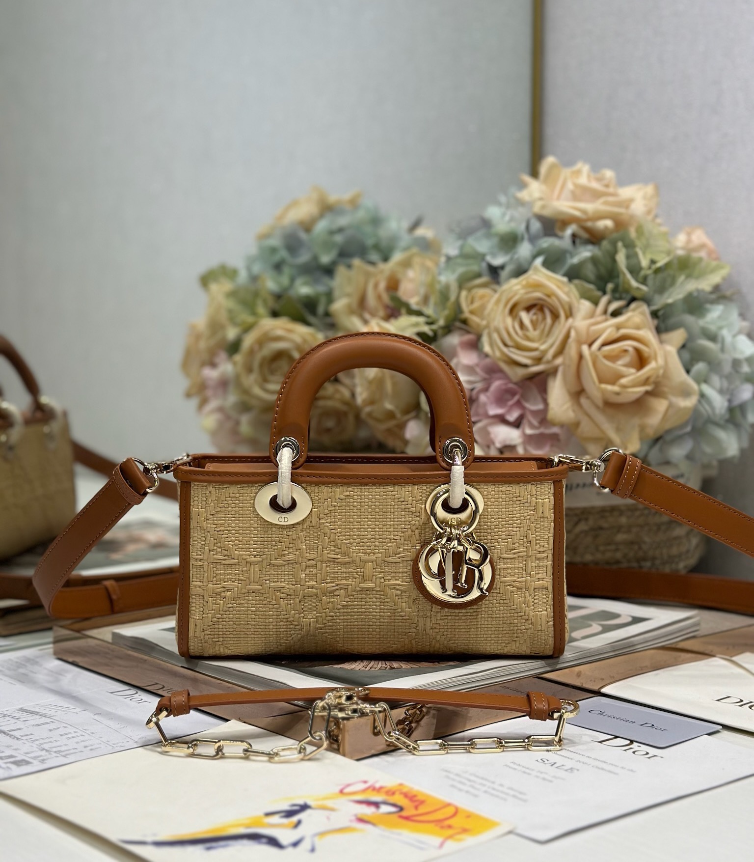 [TOP] Christian Dior Lady D-Joy Bag Weaving 22.5×5.5×12cm - Beige