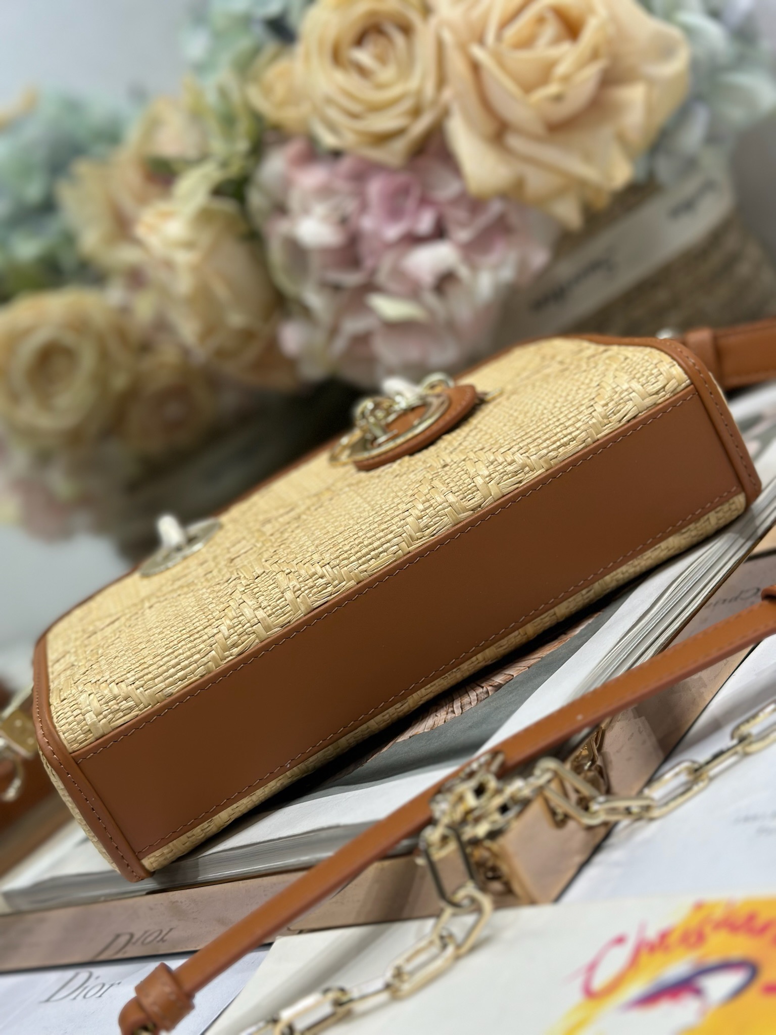 [TOP] Christian Dior Lady D-Joy Bag Weaving 22.5×5.5×12cm - Beige