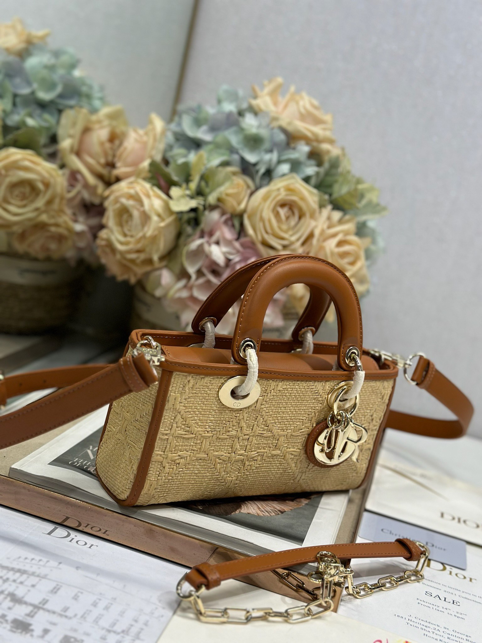 [TOP] Christian Dior Lady D-Joy Bag Weaving 22.5×5.5×12cm - Beige