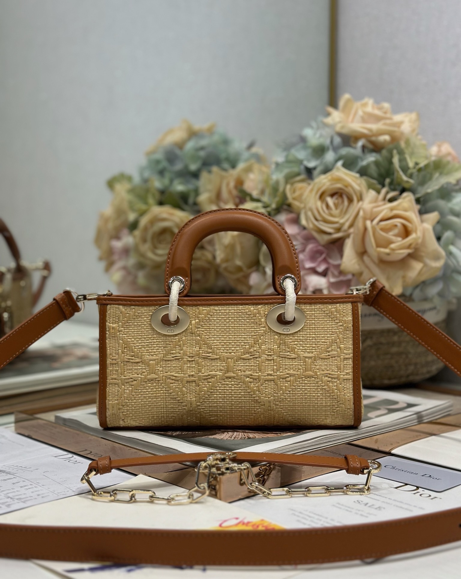 [TOP] Christian Dior Lady D-Joy Bag Weaving 22.5×5.5×12cm - Beige
