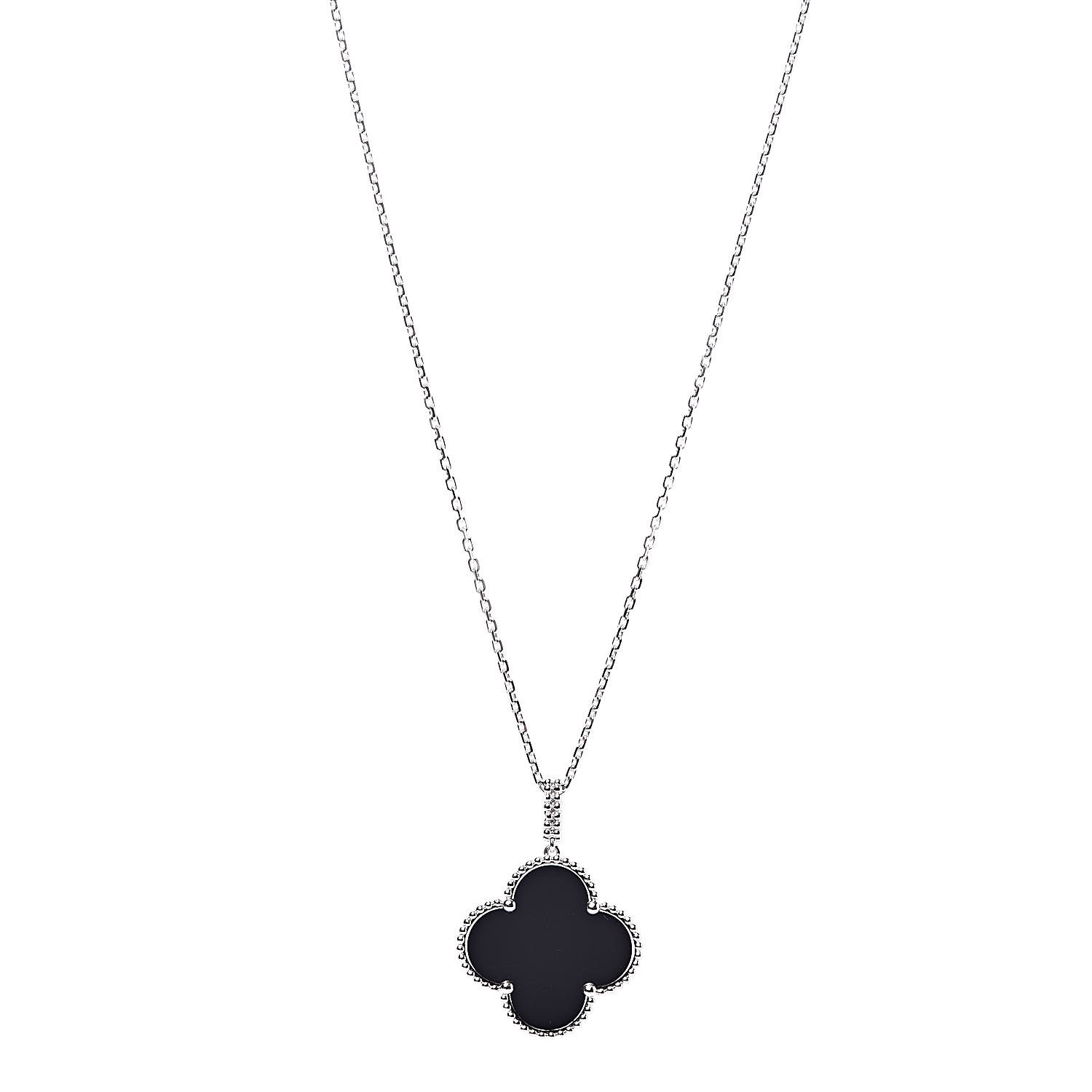 [TOP] Van Cleef & Arpels VCA 18K White Gold Black Onyx Magic Alhambra Pendant Necklace  - Black